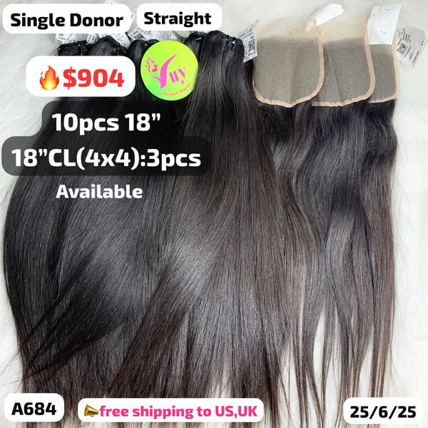 DEAL 10pcs 18" and 3pcs 4x4 closure straight single donor hair (A684)