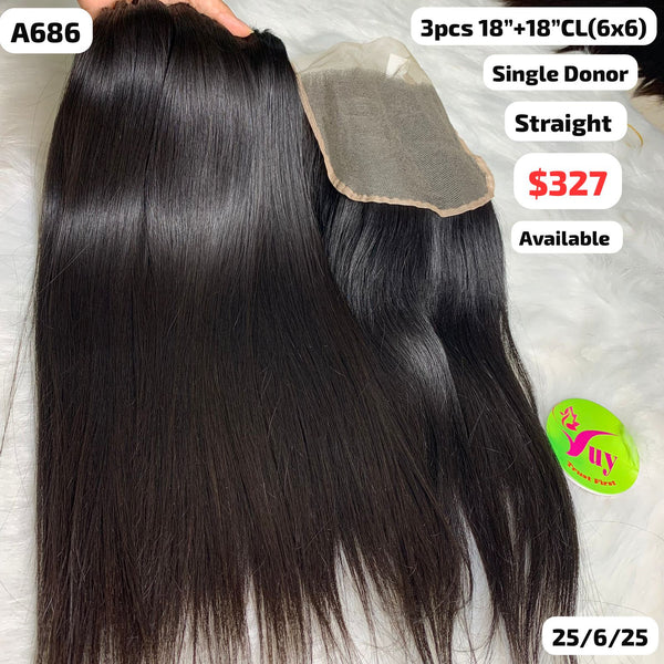 3pcs 18" and 18" 6x6 closure straight single donor hair (A686)