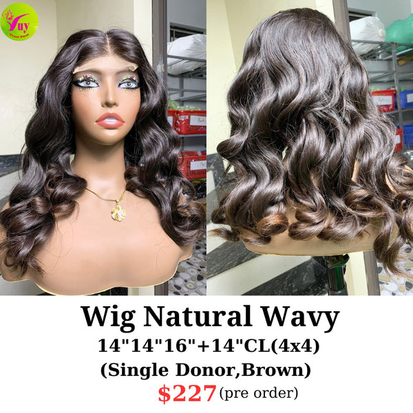 [PRE-ORDER] 16" 4x4 closure wig natural wavy single donor brown color (made from 14"14"16" bundles and 14" 4x4 closure)
