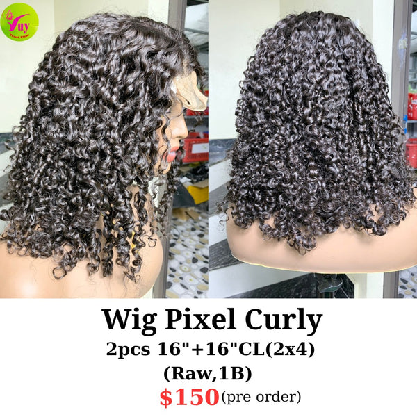 [PRE-ORDER] 16" 2x4 closure wig pixel curly raw hair (made from 2pcs 16" bundles and 16" 2x4 closure)