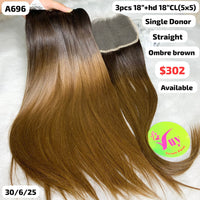3pcs 18" and 18" HD 5x5 closure straight single donor hair (A696)