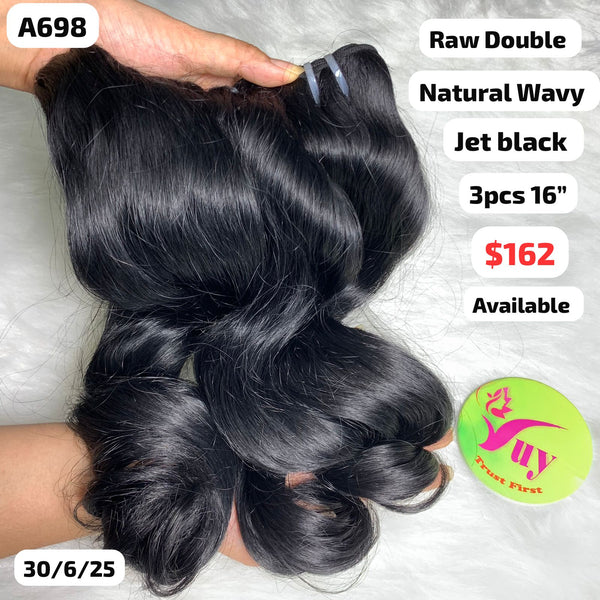 3pcs 16" natural wave double drawn raw hair jet black color (A698)