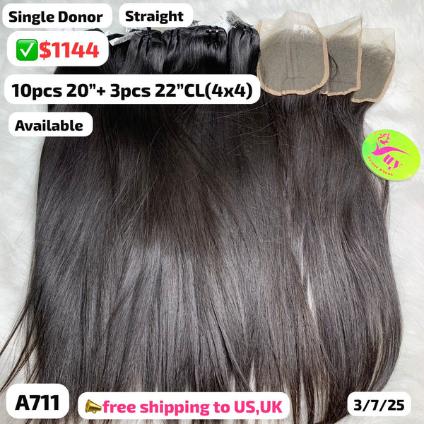 10pcs 20" and 3pcs 22" 4x4 closure straight single donor hair hair (A711)