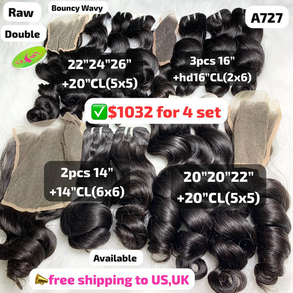 4 sets bouncy wave double drawn raw hair (A727)