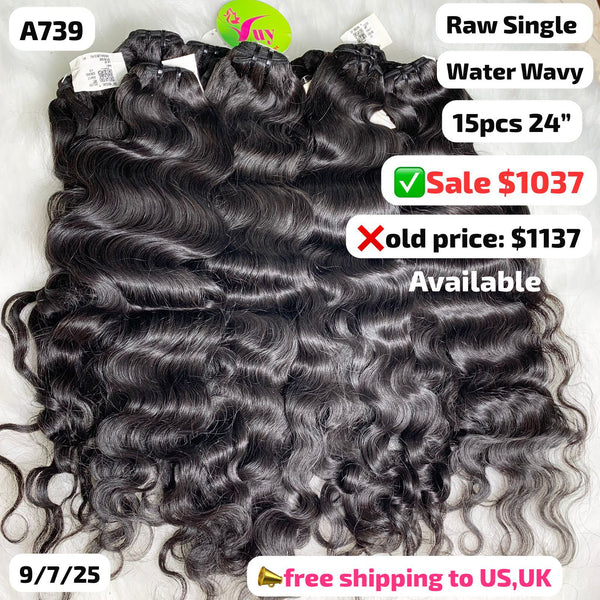 15pcs 24" water wave single drawn raw hair (A739)