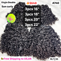 12pcs Sun curly double drawn virgin hair: 16" to 22" (A740)