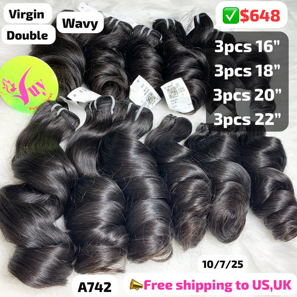 12pcs wavy double drawn virgin hair: 16" to 22" (A742)