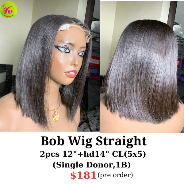 [PRE-ORDER] 12" 5x5 HD closure bob wig single donor hair (made from 2pcs 12" and 14" HD 5x5 closure)