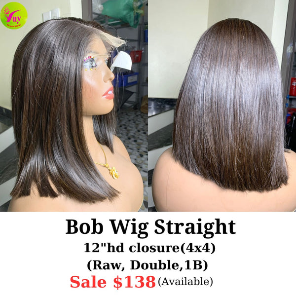 12" 4x4 HD closure bob wig straight raw hair