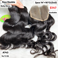 2pcs 14" and 16" 5x5 closure body wavy double drawn raw hair (A743)