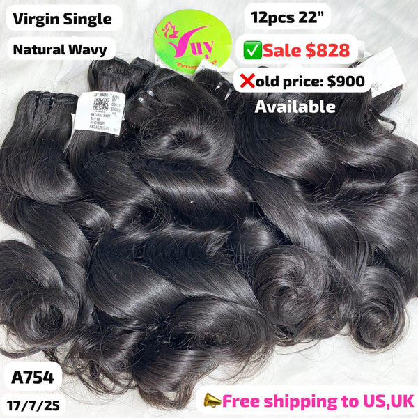 12pcs 22" natural wave single drawn virgin hair (A754)