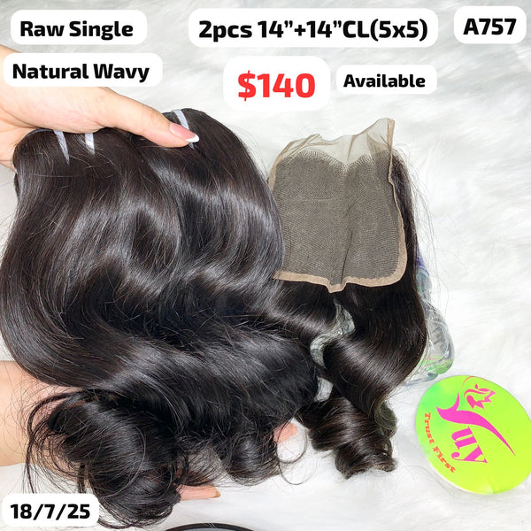 2pcs 14" and 14" 5x5 closure natural wave single drawn raw hair (A757)