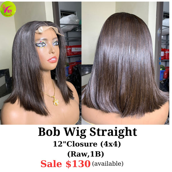 12" 4x4 closure bob wig straight raw hair