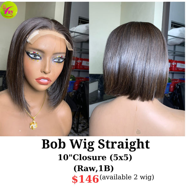 10" 5x5 closure bob wig straight raw hair