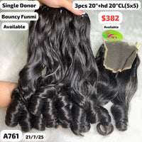 3pcs 20" and 20" HD 5x5 closure bouncy funmi single donor hair (A761)
