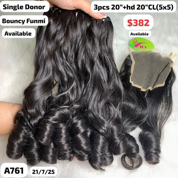 3pcs 20" and 20" HD 5x5 closure bouncy funmi single donor hair (A761)