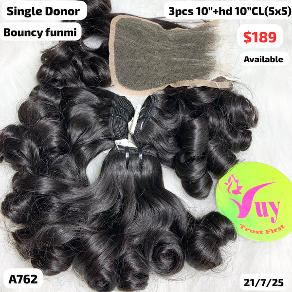3pcs 10" and 10" 5x5 HD closure bouncy funmi single donor hair (A762)