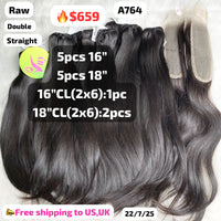 5pcs 16" 5pcs 18" 1pc 16" 2x6 closure 2pcs 18" 2x6 closure straight double drawn raw hair (A764)