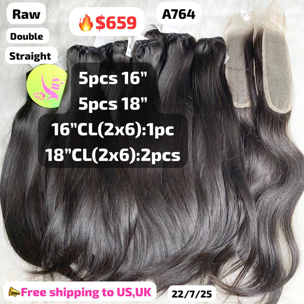 5pcs 16" 5pcs 18" 1pc 16" 2x6 closure 2pcs 18" 2x6 closure straight double drawn raw hair (A764)
