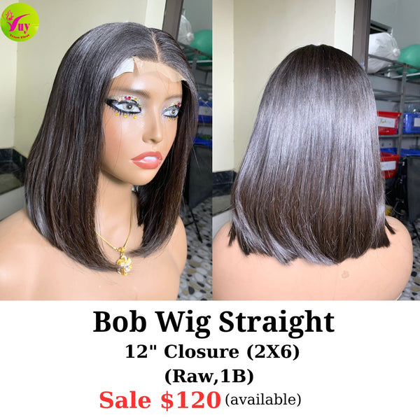 12" 2x6 closure bob wig raw hair