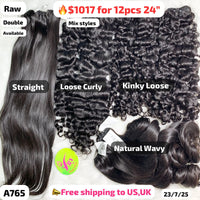 DEAL 12pcs 24" mix styles Straight, Loose curly, Kinky loose and Natural wave double drawn raw hair (A765)