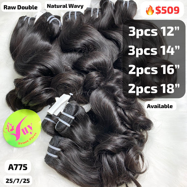 10pcs Natural wavy double drawn raw hair from 12" to 18" (A775)