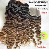 [PRE-ORDER] 3pcs 24" and 20" 5x5 closure Burmese curly double drawn raw hair light end color