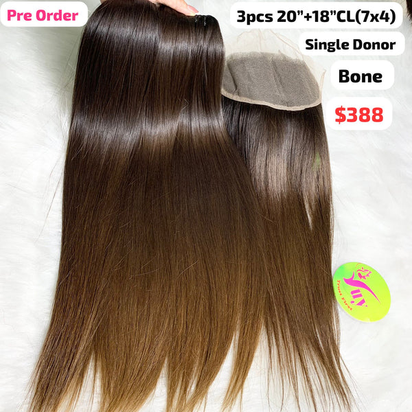 [PRE-ORDER] 3pcs 20" and 18" 7x4 closure straight single donor hair brown color