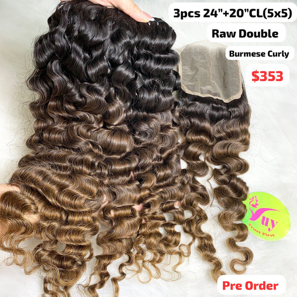 [PRE-ORDER] 3pcs 24" and 20" 5x5 closure Burmese curly double drawn raw hair light end color