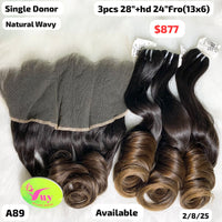 3pcs 28" and 24" HD 13x6 frontal Natural wavy single donor hair (A89)