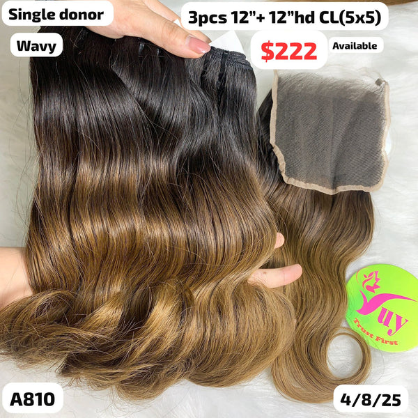3pcs 12" and 12" 5x5 HD lace closure wavy single donor hair ombre brown color (A810)
