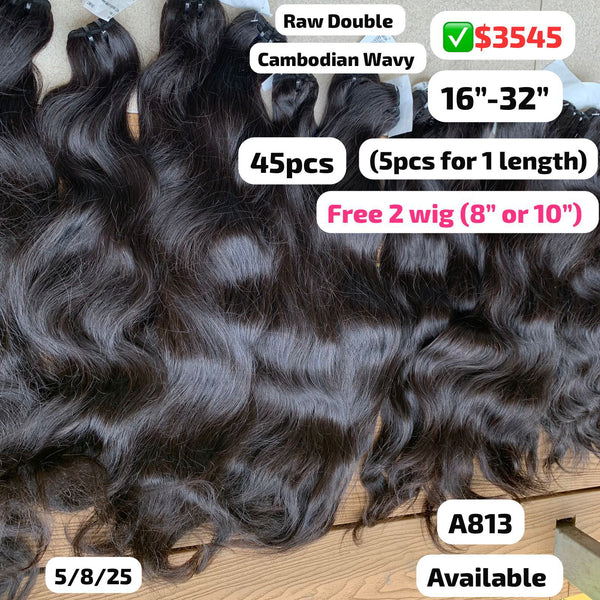 DEAL 45pcs Cambodian wavy double drawn raw hair (A813) length from 16" to 32" with FREE 2 bob wigs (8" or 10")