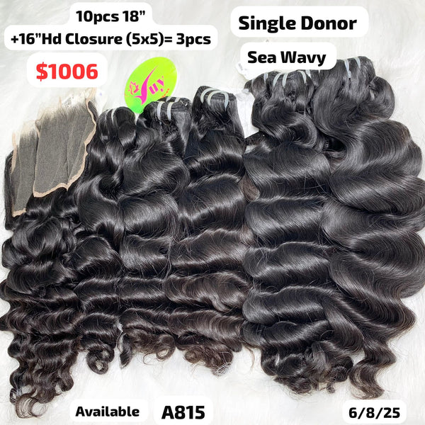 DEAL 10pcs 18" and 3pcs 16" 5x5 HD lace closure Sea wave single donor hair (A815)