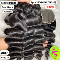 3pcs 18" and 16" 5x5 HD lace closure Sea wave single donor hair (A817)