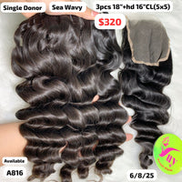 3pcs 18" and 16" 5x5 HD lace closure Sea wave single donor hair (A816)