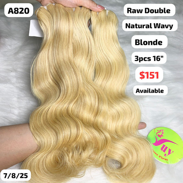 3pcs 16" Natural wave double drawn raw hair blonde color (A820)