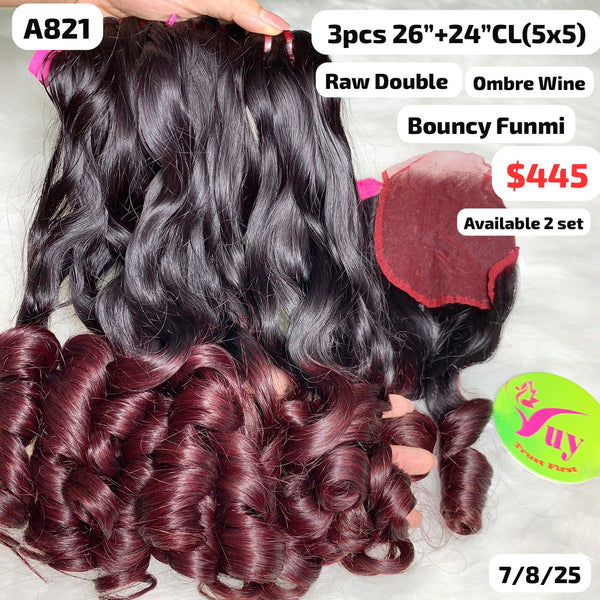 3pcs 26" and 24" 5x5 closure Bouncy funmi double drawn raw hair ombre wine color (A821)