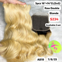 3pcs 16" and 14" 5x5 closure Natural wave double drawn raw hair blonde color (A819)