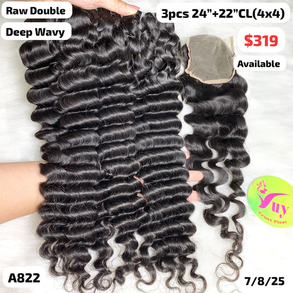 3pcs 24" and 22" 4x4 closure Deep wave double drawn raw hair (A822)