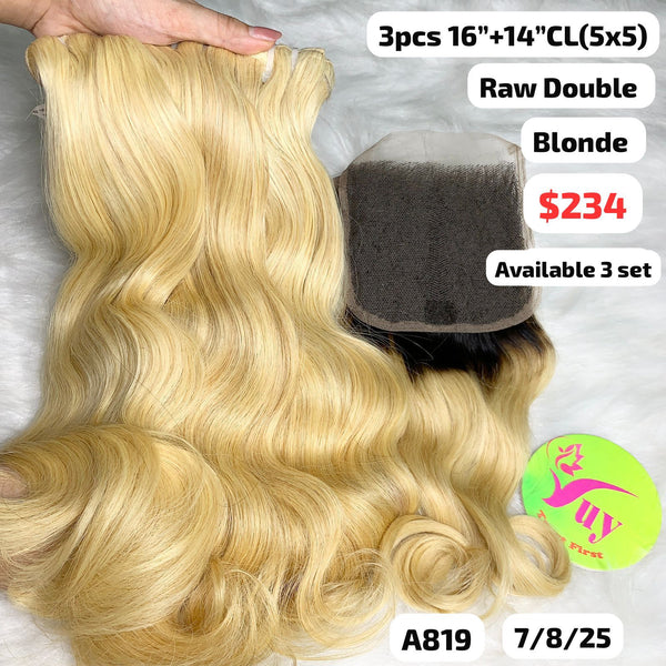 3pcs 16" and 14" 5x5 closure Natural wave double drawn raw hair blonde color (A819)