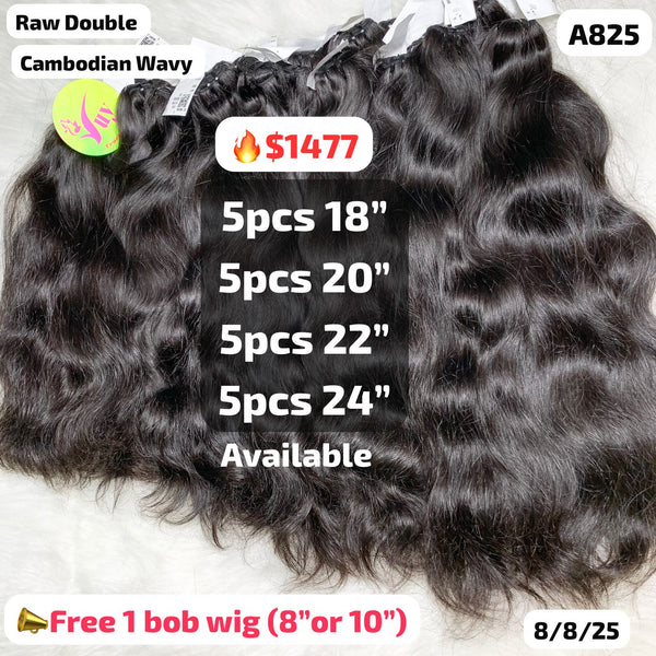 DEAL 20pcs Cambodian wave double drawn raw hair from 18" to 24" (A825) with a FREE bob wig 8" or 10"