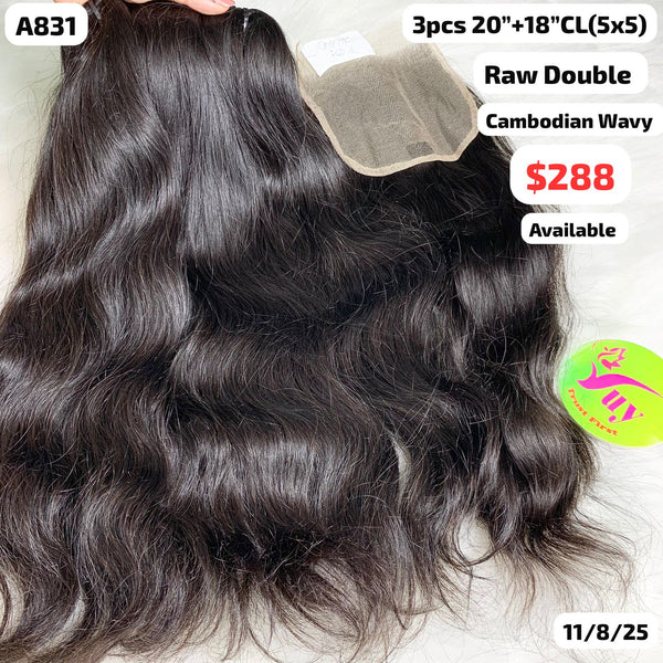 3pcs 20" and 18" 5x5 closure Cambodian wave double drawn raw hair (A831)