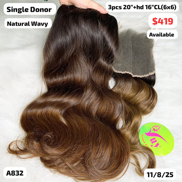 3pcs 20"and 16" 6x6 closure natural wave single donor hair (A832)