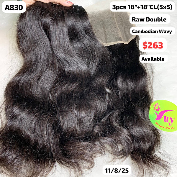 3pcs 18" and 18" 5x5 closure Cambodian wave double drawn raw hair (A830)