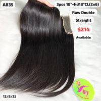 3pcs 18" and 18" HD 2x6 closure straight double drawn raw hair (A835)