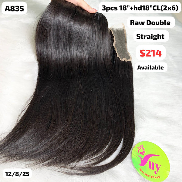 3pcs 18" and 18" HD 2x6 closure straight double drawn raw hair (A835)