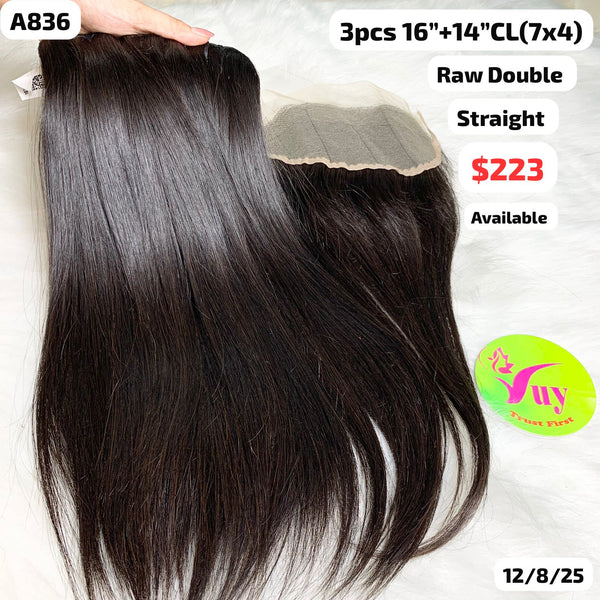 3pcs 16" and 14" 7x4 closure straight double drawn raw hair (A836)