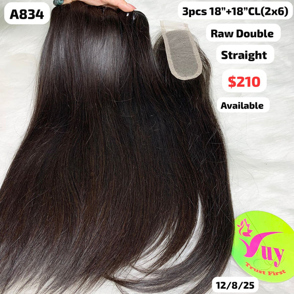 3pcs 18" and 18" 2x6 closure straight double drawn raw hair (A834)