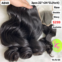 3pcs 22" and 24" 4x4 closure Natural wave double drawn raw hair (A840)