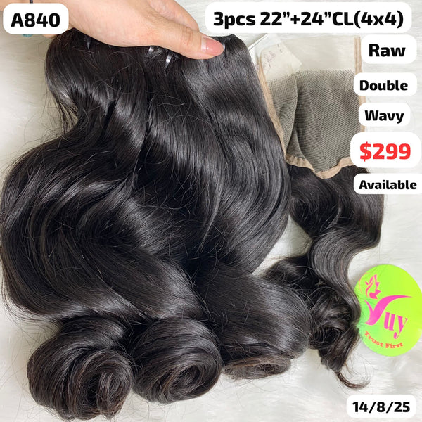 3pcs 22" and 24" 4x4 closure Natural wave double drawn raw hair (A840)